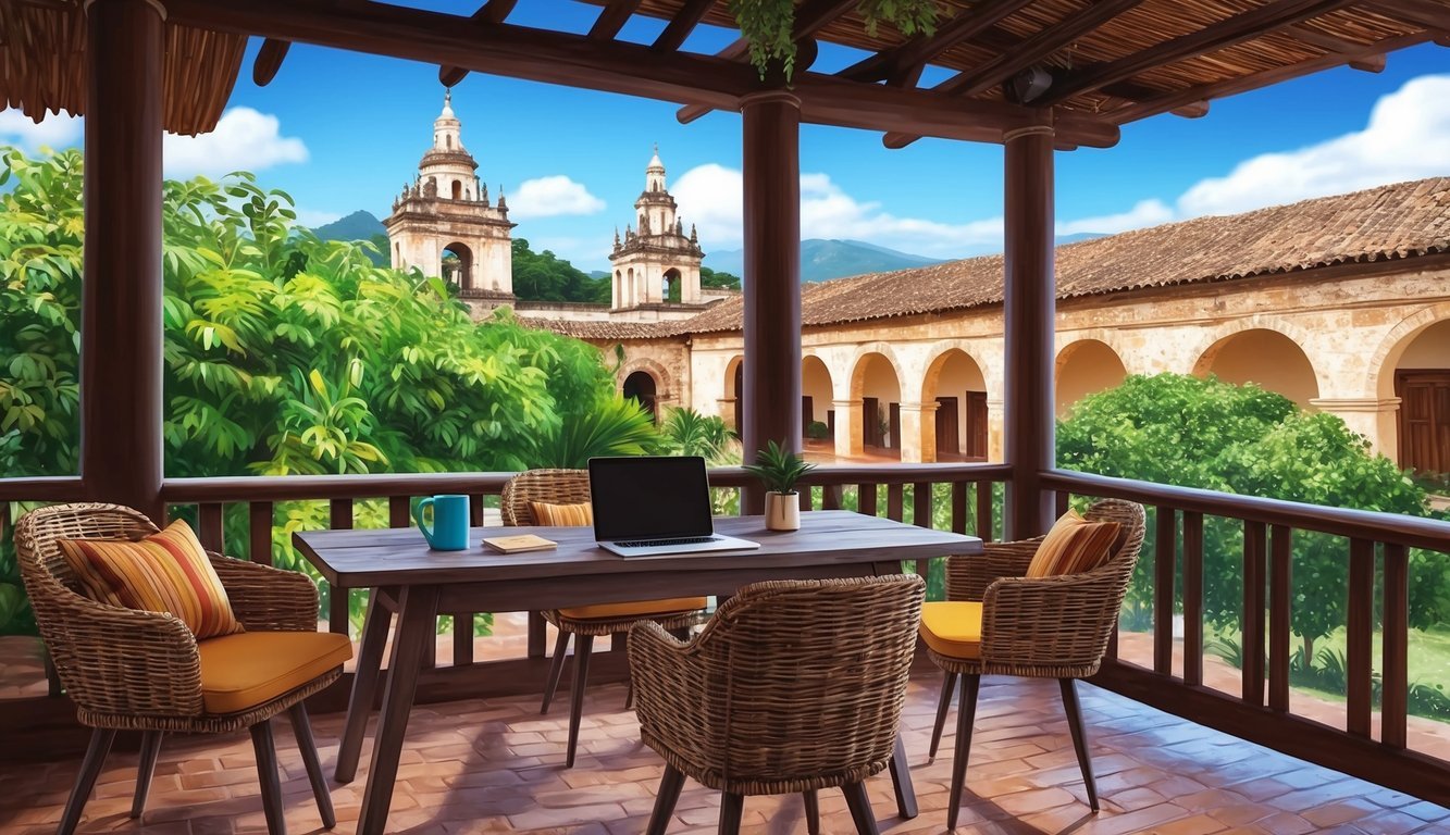 A cozy outdoor workspace with a view of colonial architecture and lush greenery in Antigua Guatemala