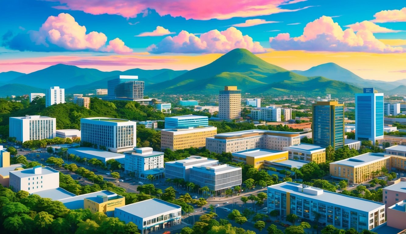 A bustling cityscape with modern buildings and lush greenery, surrounded by mountains and a vibrant sky in Tegucigalpa, Honduras