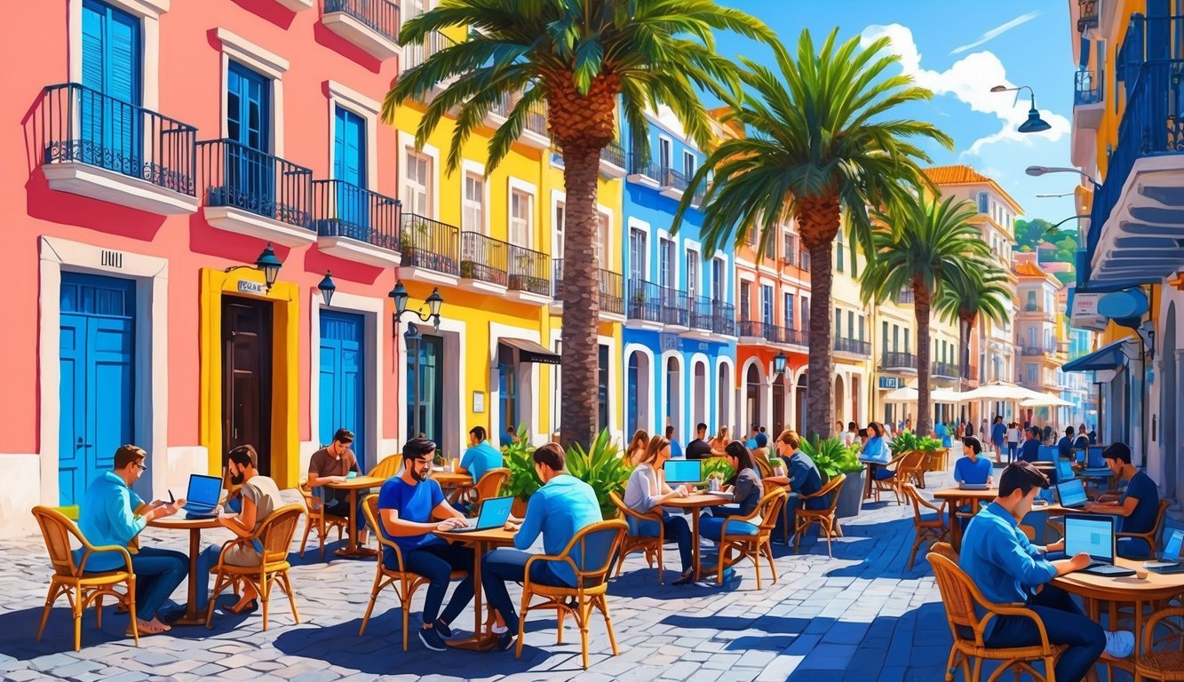 A bustling street in Port of Spain, with colorful buildings and palm trees, surrounded by the energy of digital nomads working in outdoor cafes