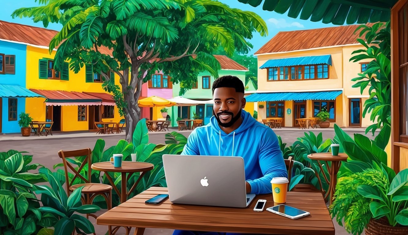 A digital nomad works on a laptop in a cozy outdoor cafe surrounded by lush greenery and colorful buildings in Belmopan, Belize