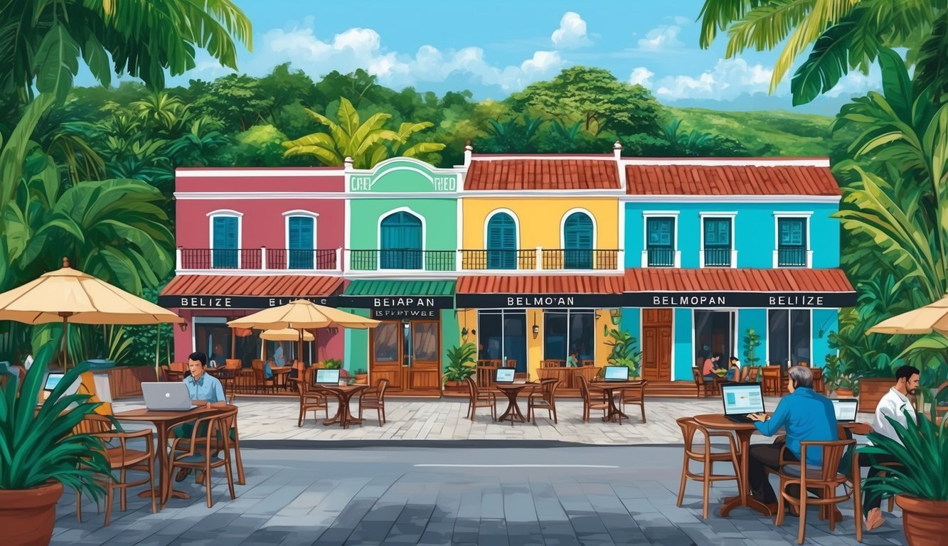 A bustling cafe with laptops and coffee, surrounded by lush greenery and colorful buildings in Belmopan, Belize