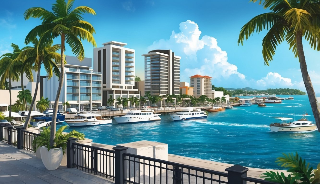 A bustling waterfront with modern buildings, palm trees, and boats, overlooking the Caribbean Sea in Port of Spain, Trinidad and Tobago