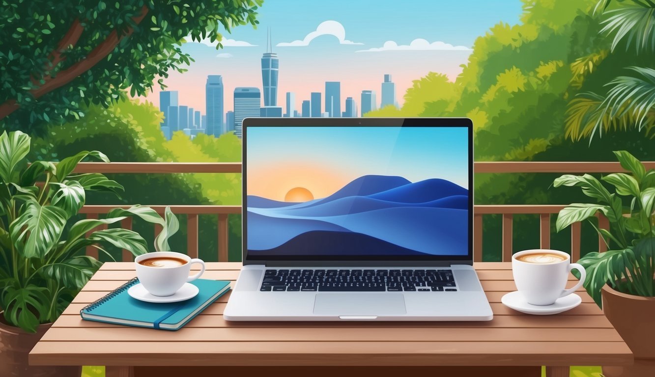 A laptop, notebook, and coffee on a table in a lush outdoor setting with a view of the cityscape