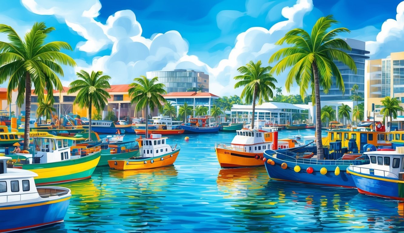 A bustling waterfront with colorful boats, palm trees, and modern buildings in the background, capturing the vibrant energy of Port of Spain, Trinidad and Tobago