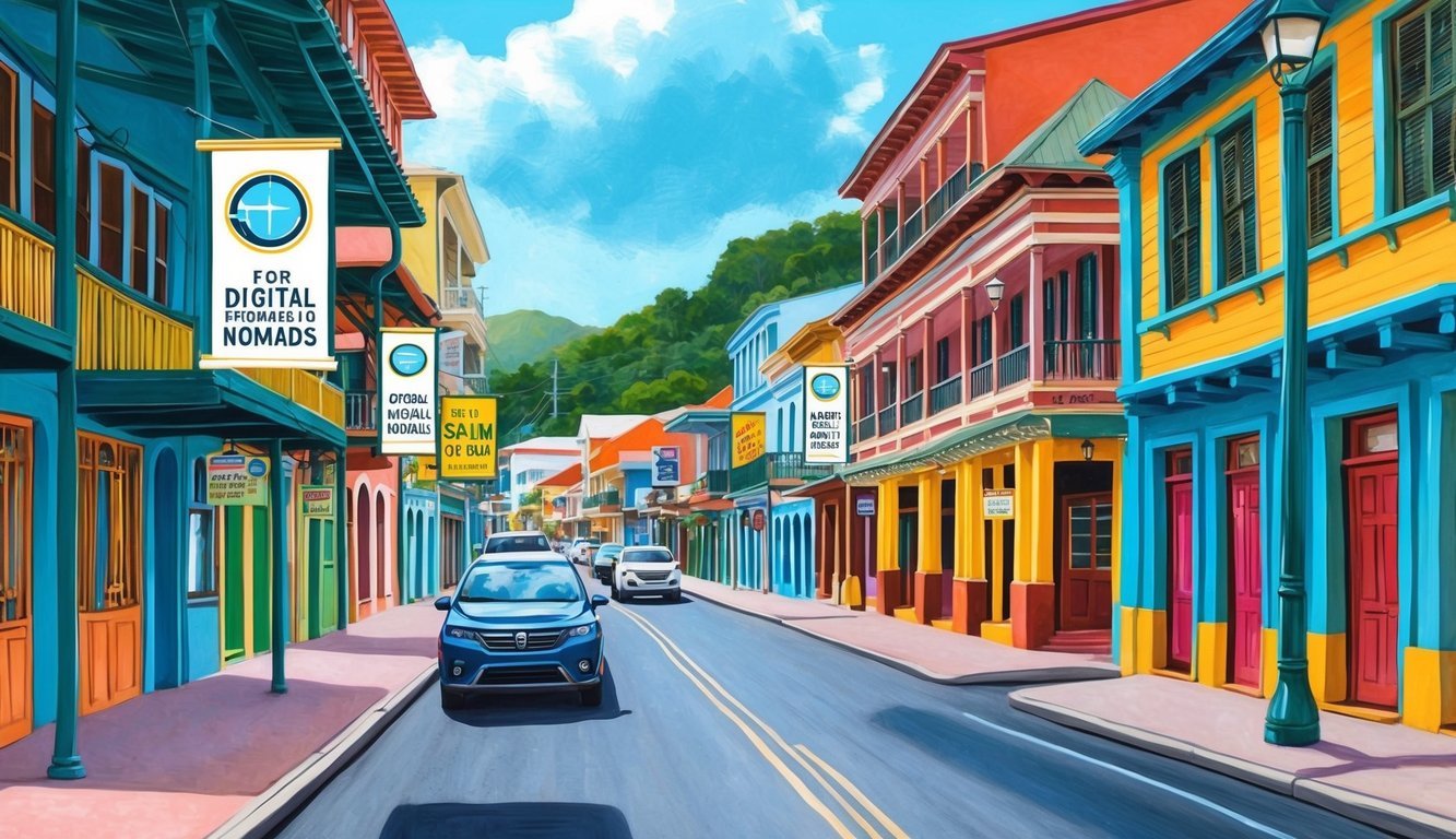 A bustling street in Port of Spain, Trinidad and Tobago, with colorful buildings and signs advertising services for digital nomads