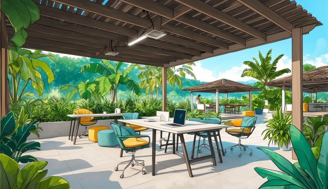 A serene, open-air workspace in Belmopan, Belize, with lush greenery, modern amenities, and ample natural light for digital nomads