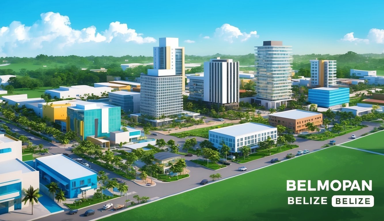 A bustling cityscape with modern buildings and green spaces, showcasing the vibrant and tech-savvy atmosphere of Belmopan, Belize for digital nomads