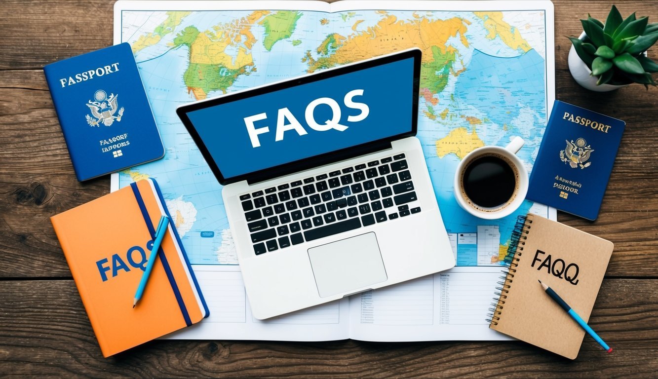 A laptop surrounded by a map, passport, and travel guides, with a cup of coffee and a notebook with "FAQs" written on it