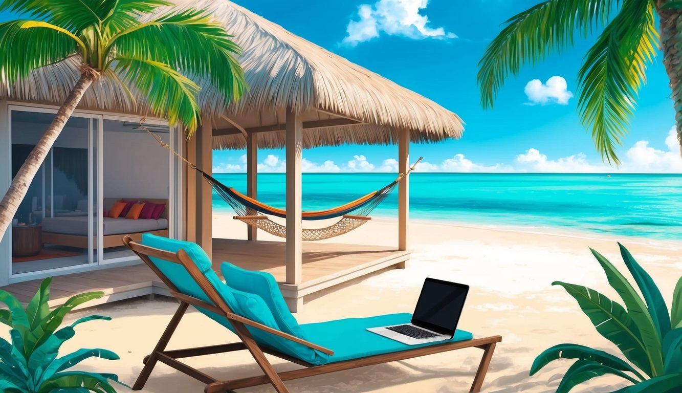A cozy beachfront bungalow with a hammock and laptop overlooking the turquoise waters of Nassau, Bahamas