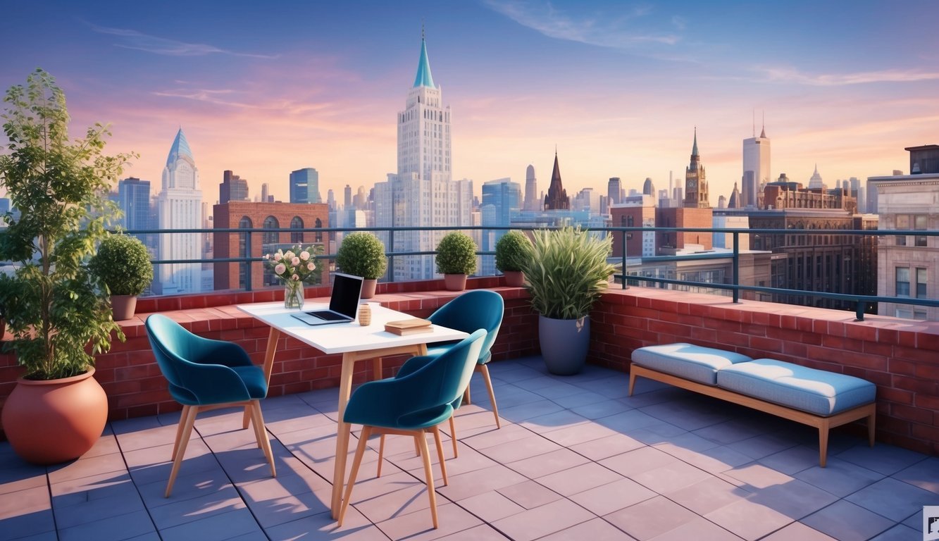 A cozy rooftop terrace with city views, a desk, and high-speed internet