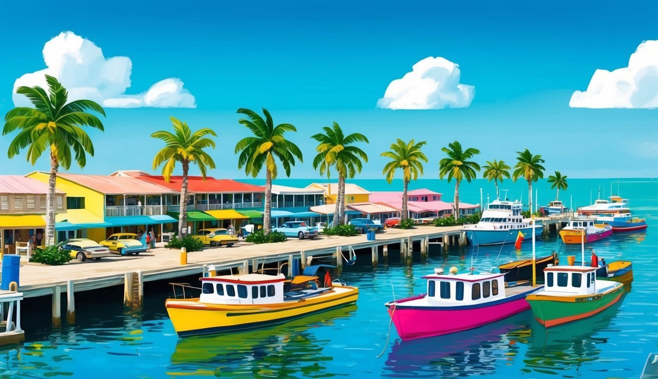 A bustling dock in Nassau, Bahamas with colorful boats, palm trees, and a clear blue sky, offering a picturesque backdrop for digital nomads venturing beyond the city