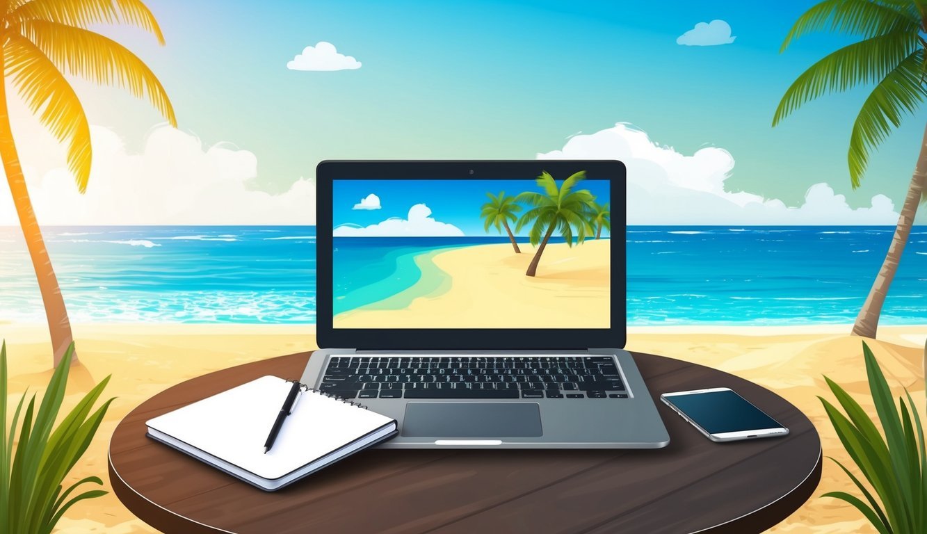 A laptop and notebook sit on a beachside table with a view of the ocean and palm trees in the background