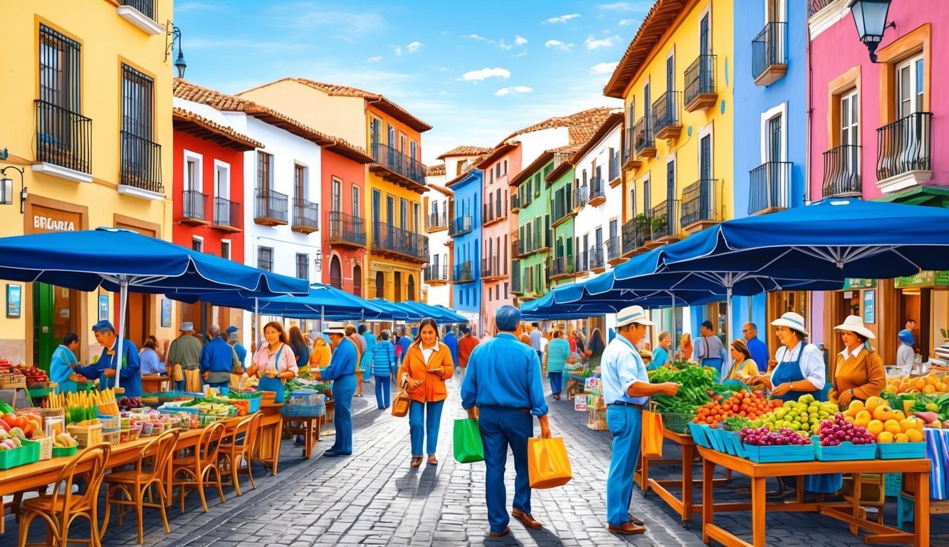 A bustling street market in Guadalajara, with colorful buildings, outdoor cafes, and locals selling handmade crafts and fresh produce
