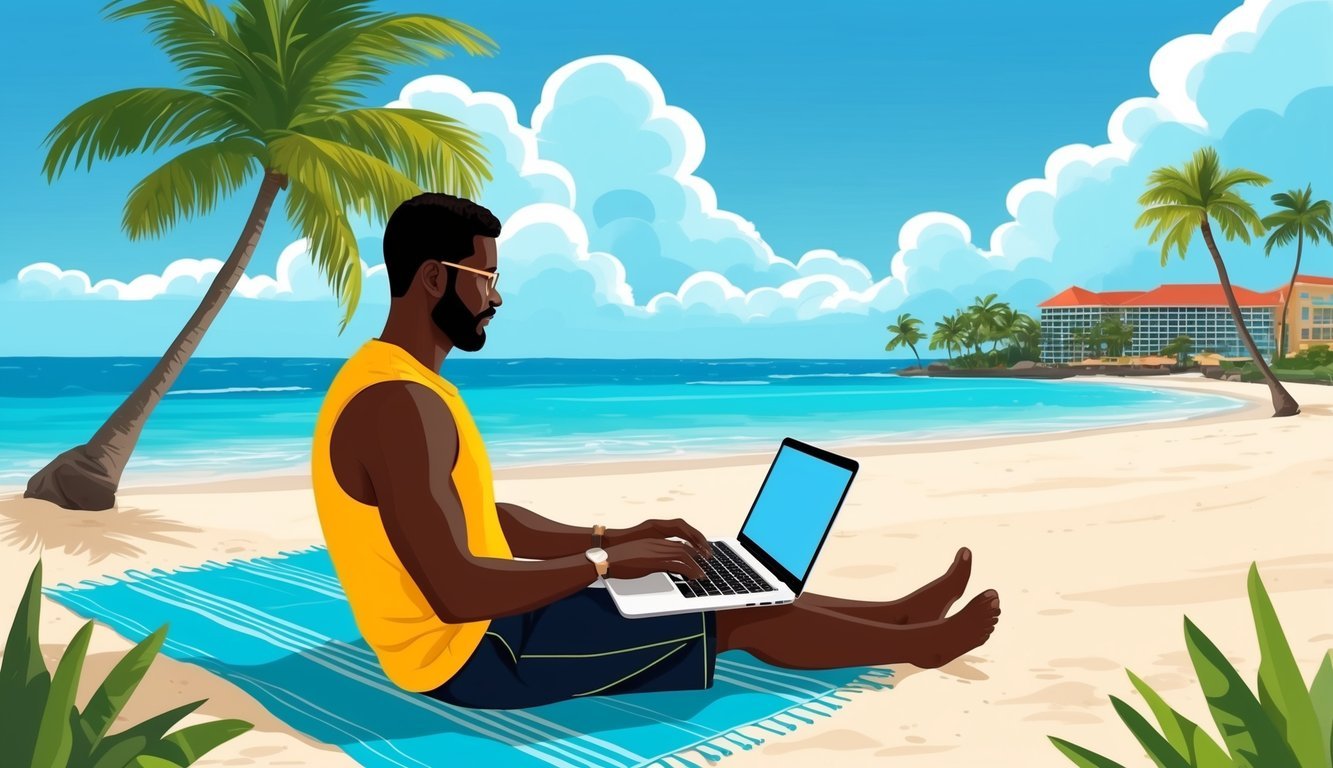 A digital nomad sits on a beach in Nassau, Bahamas, typing on a laptop with the ocean and palm trees in the background