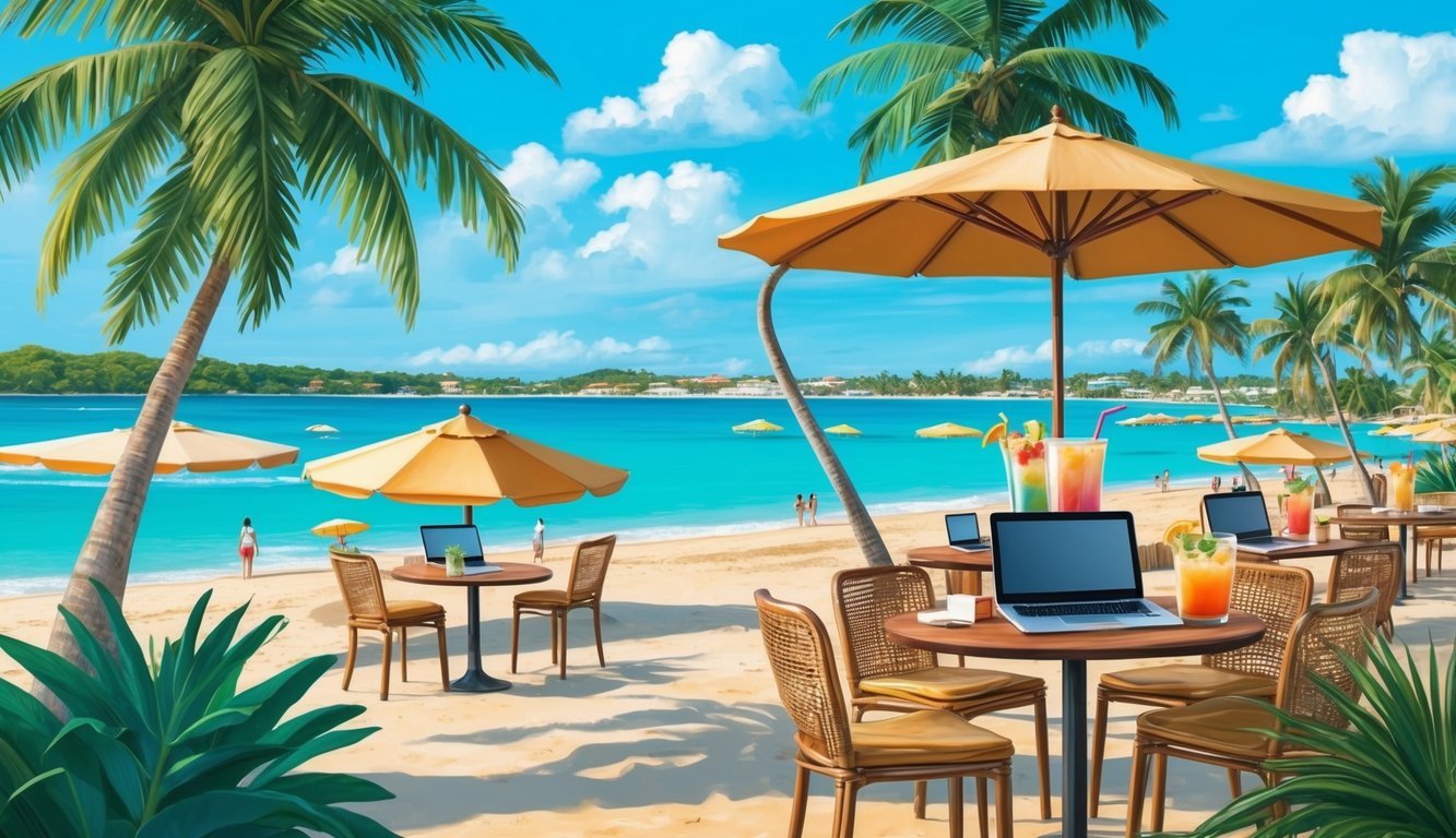 A beachside cafe with laptops and tropical drinks, surrounded by palm trees and the turquoise waters of Bridgetown, Barbados