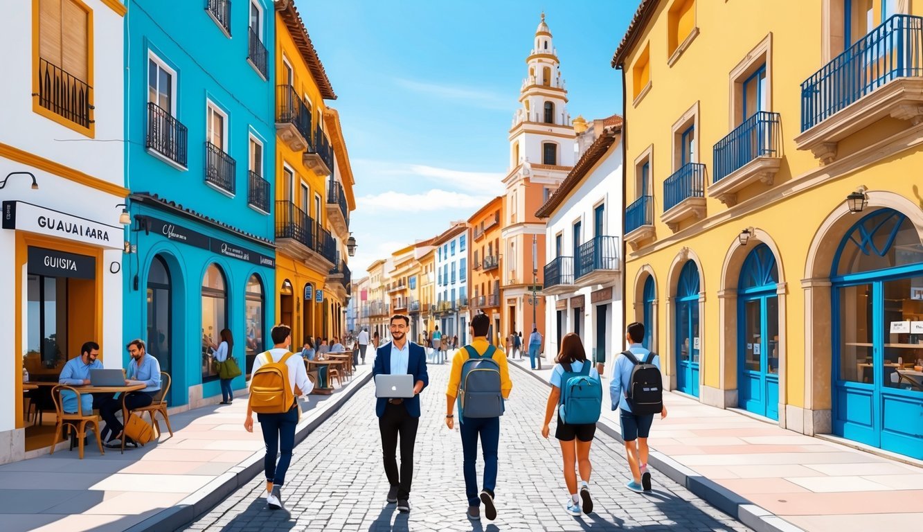 A bustling street in Guadalajara, with colorful buildings, cafes, and co-working spaces.</p><p>People with laptops and backpacks walk by