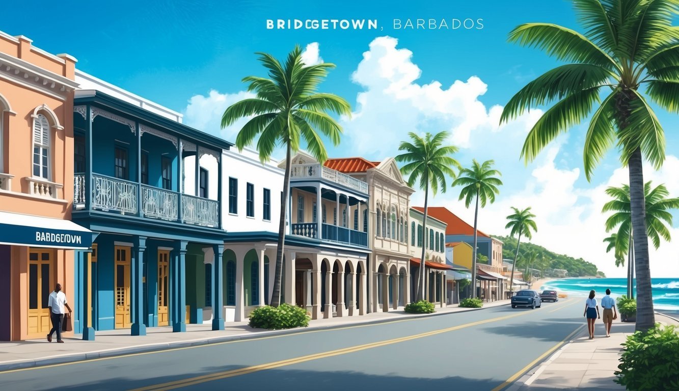 A bustling street in Bridgetown, Barbados, with a mix of modern and historic buildings, surrounded by palm trees and the sound of waves in the distance
