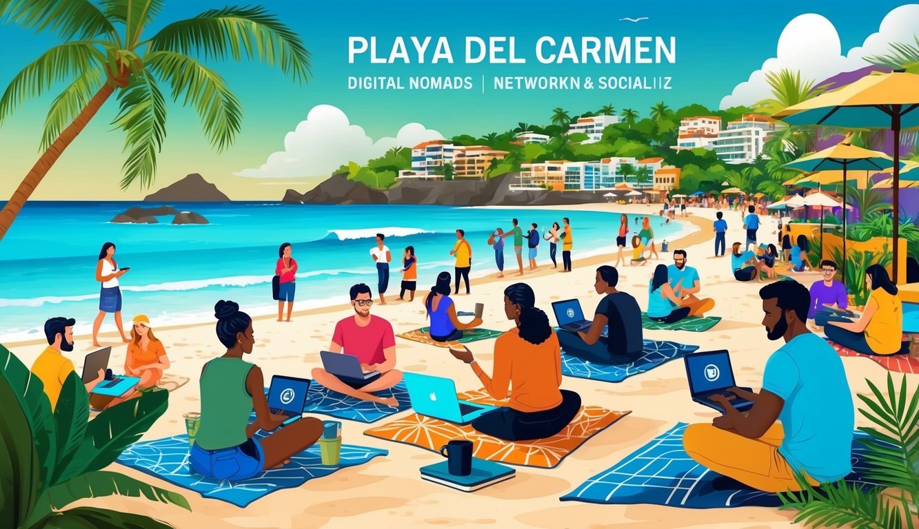 A vibrant beachside scene in Playa del Carmen, with digital nomads networking and socializing in a lively, tropical setting