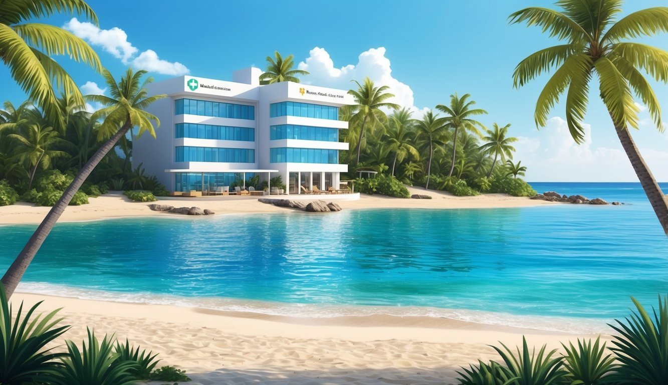 A tranquil beach with a modern medical clinic and a coworking space surrounded by lush palm trees and crystal-clear waters in Playa del Carmen, Mexico