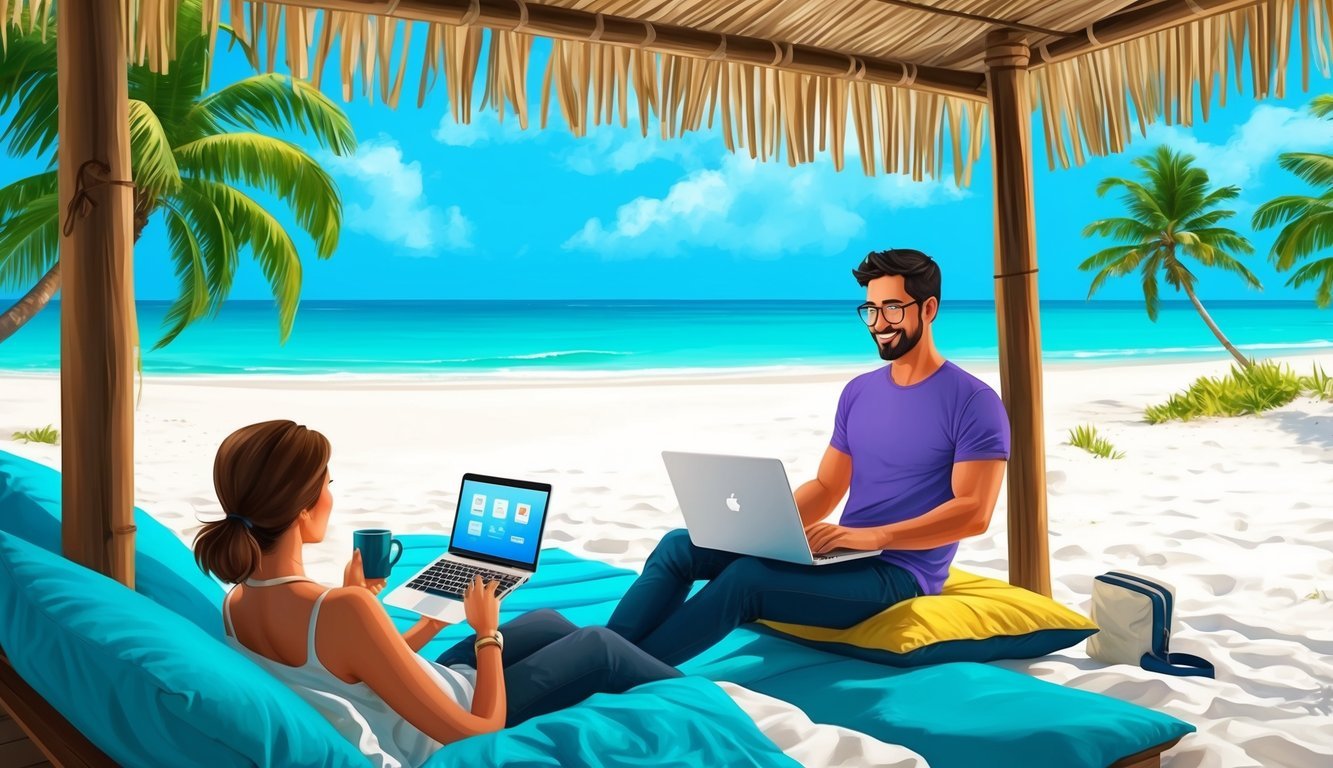 A digital nomad works on a laptop under a palapa on a white sandy beach in Playa del Carmen, Mexico, with turquoise waters and palm trees in the background