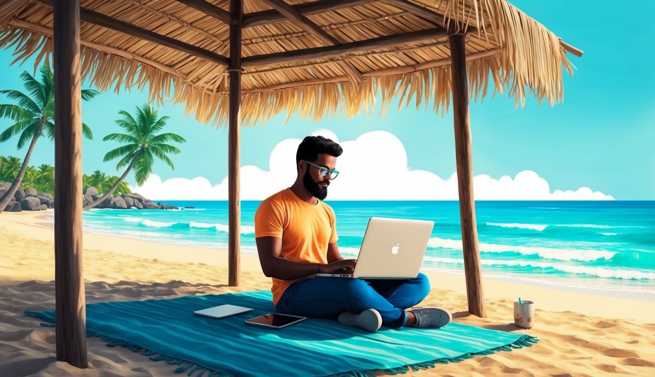 A digital nomad works on a laptop under a palapa on a sunny beach in Playa del Carmen, Mexico, with palm trees and turquoise water in the background