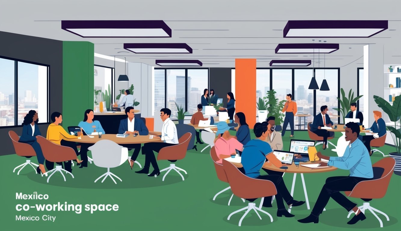 A bustling co-working space in Mexico City, with modern decor and diverse individuals collaborating and networking
