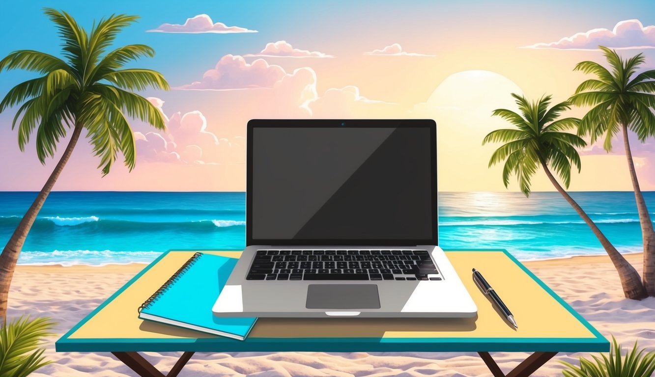 A laptop, notebook, and pen on a beachside table with a view of the ocean and palm trees in Playa del Carmen, Mexico