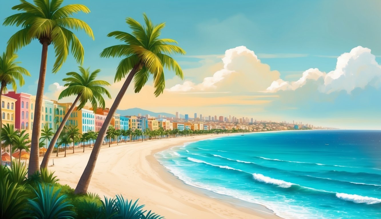 A serene beach with palm trees, turquoise waters, and a distant horizon, lined with colorful buildings and a bustling cityscape