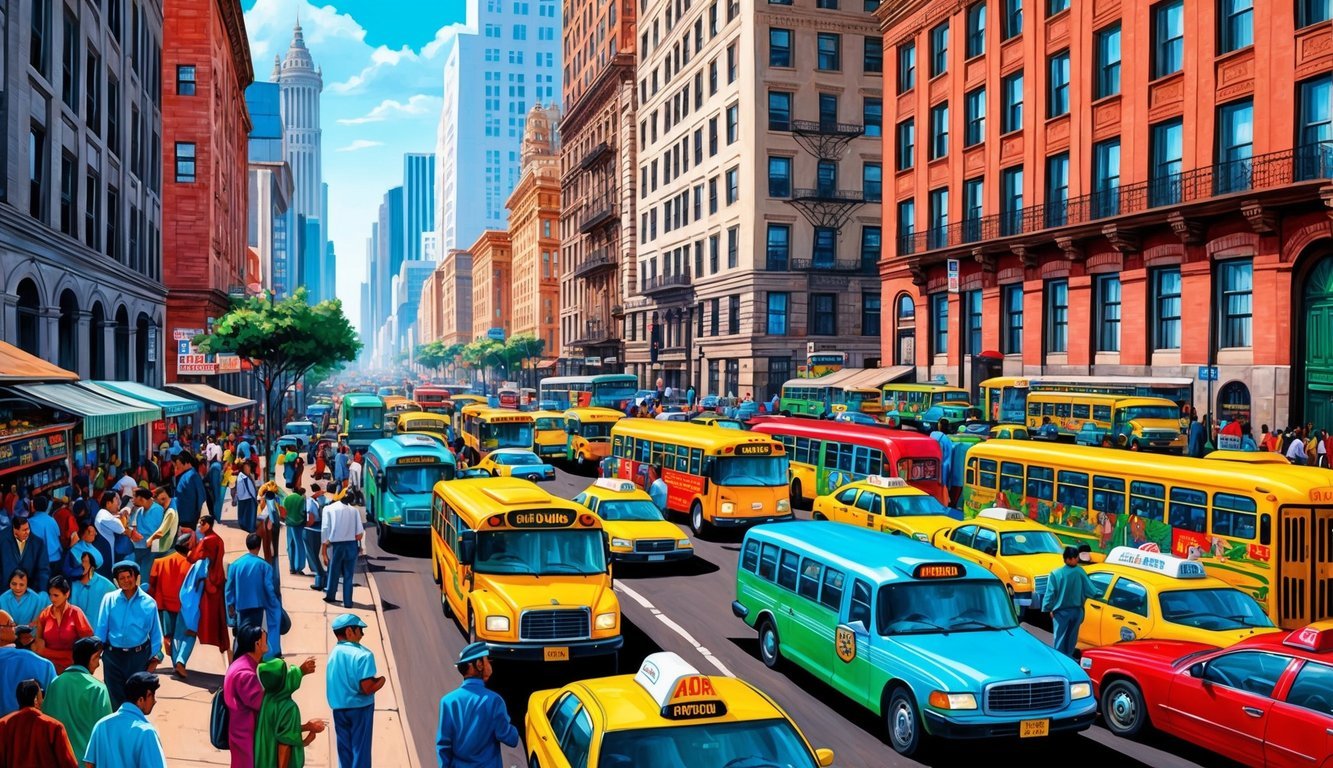 Busy Mexico City street with colorful buses and taxis, bustling with people and surrounded by tall buildings and street vendors