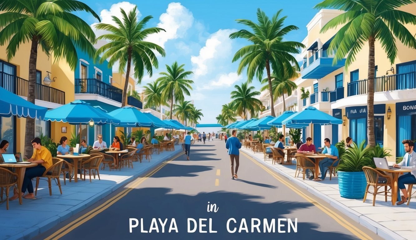 A bustling street in Playa del Carmen, with palm trees, cafes, and co-working spaces filled with digital nomads seeking information