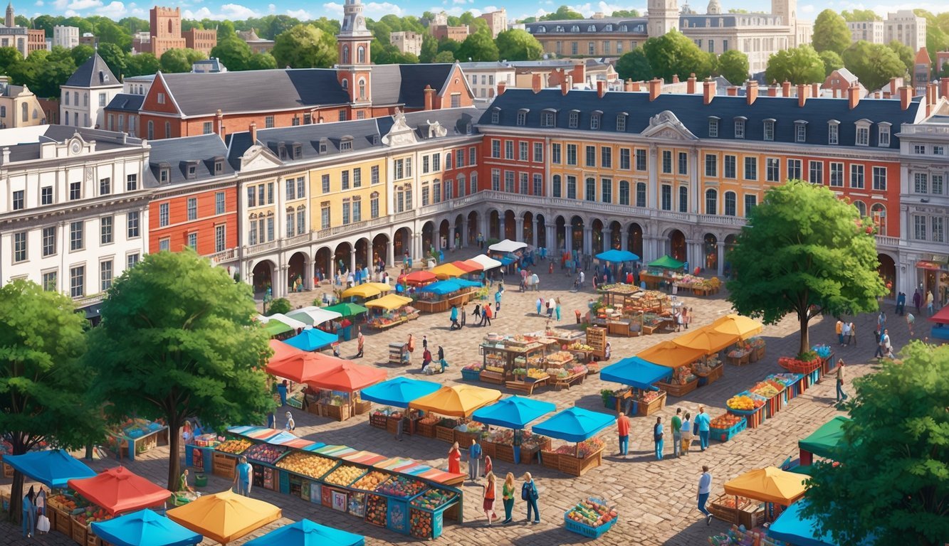 A bustling city square with colorful markets, street vendors, and historic architecture, surrounded by lush green parks and vibrant street art