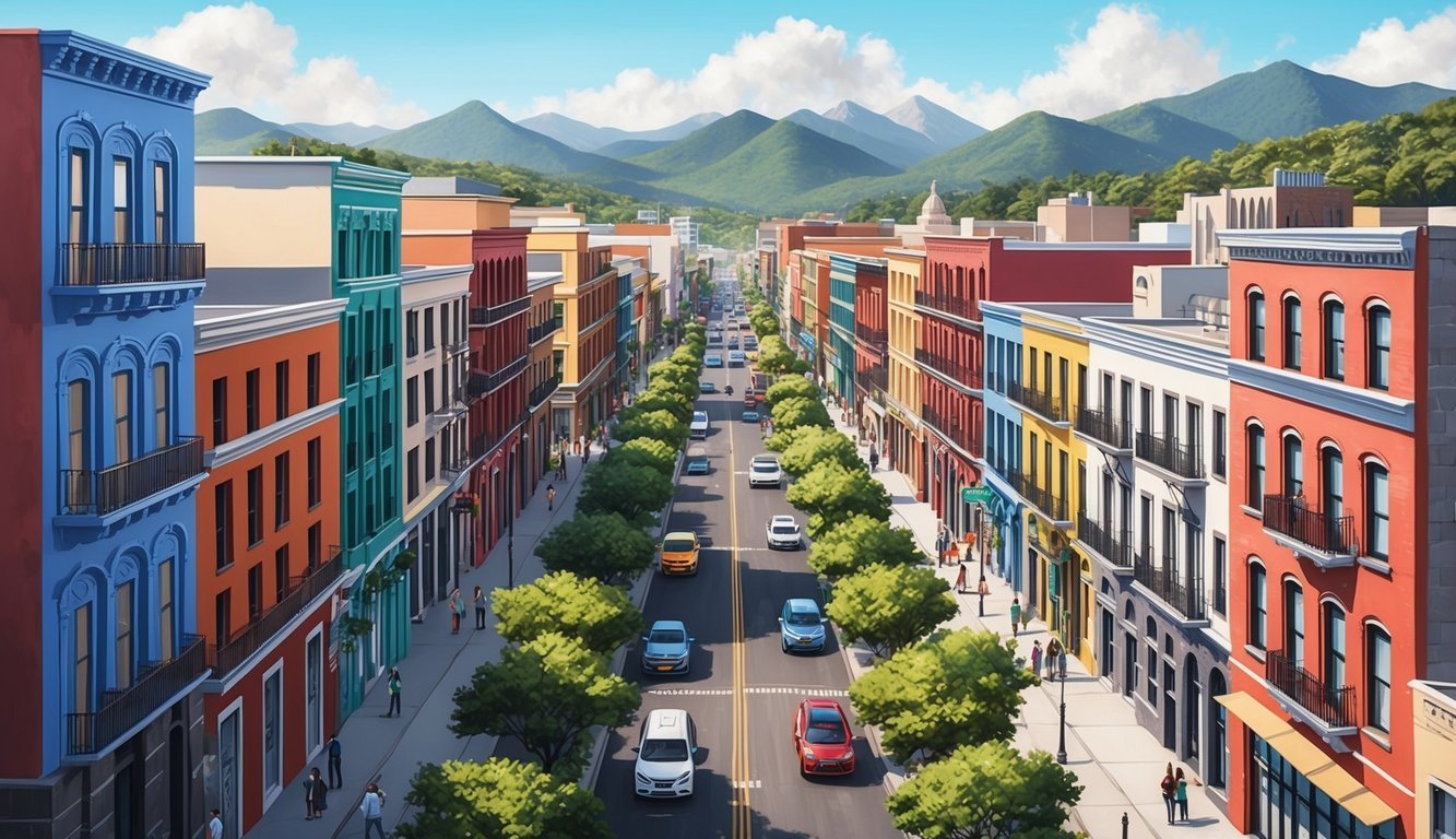 A bustling Mexico City street with colorful buildings and modern co-working spaces, surrounded by mountains and greenery