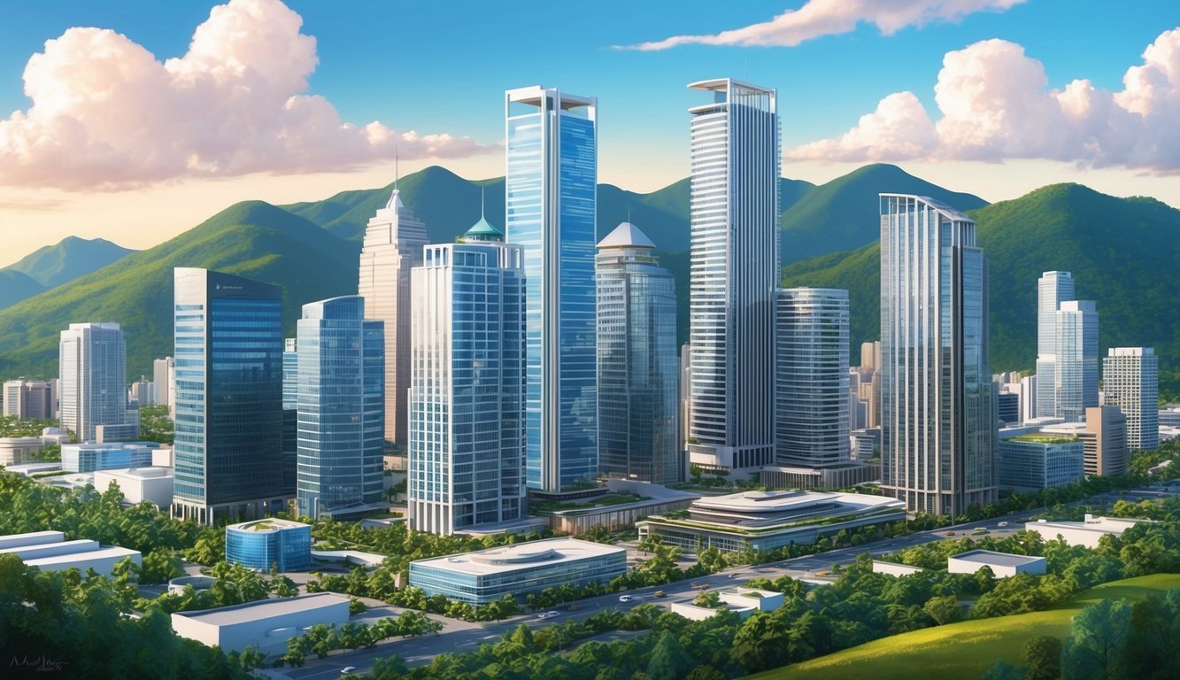A bustling cityscape with modern skyscrapers against a backdrop of mountains and lush greenery