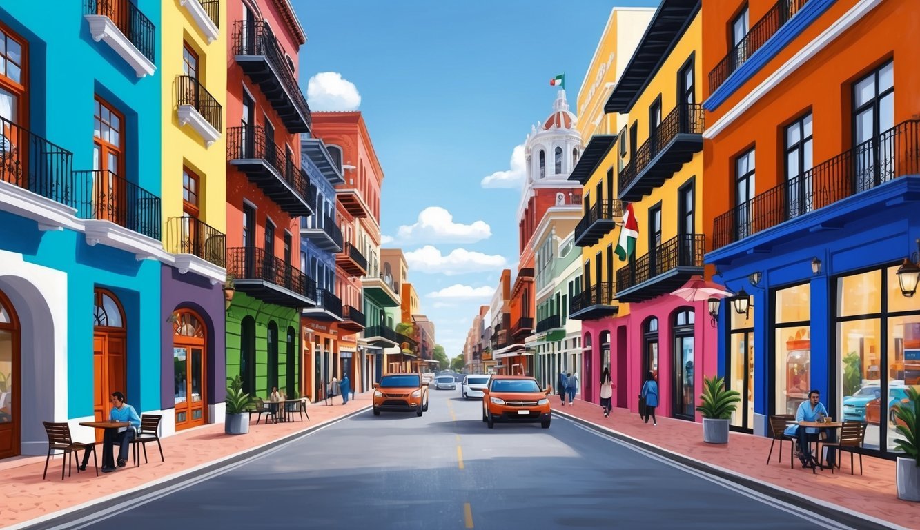 A bustling Mexico City street with colorful buildings and a mix of traditional and modern architecture, surrounded by shops and cafes