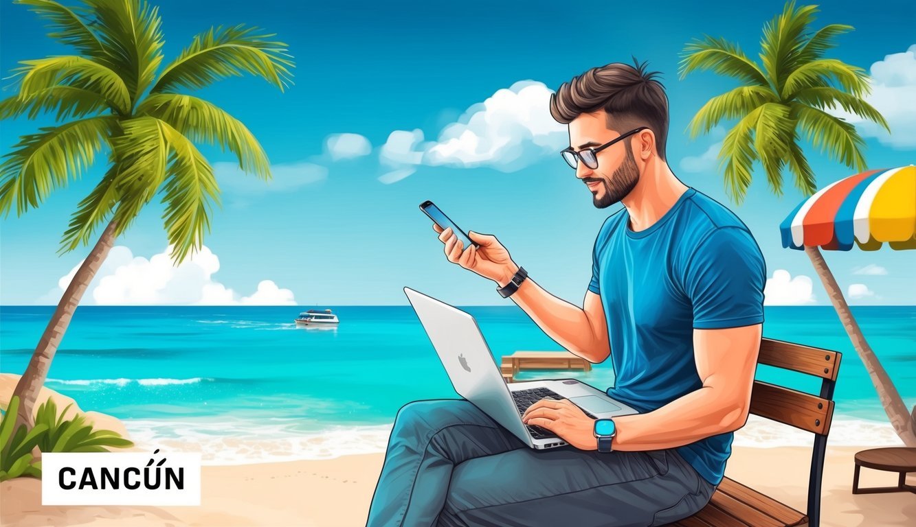 A digital nomad working on a laptop at a beachfront cafe in Cancún, with turquoise waters and palm trees in the background