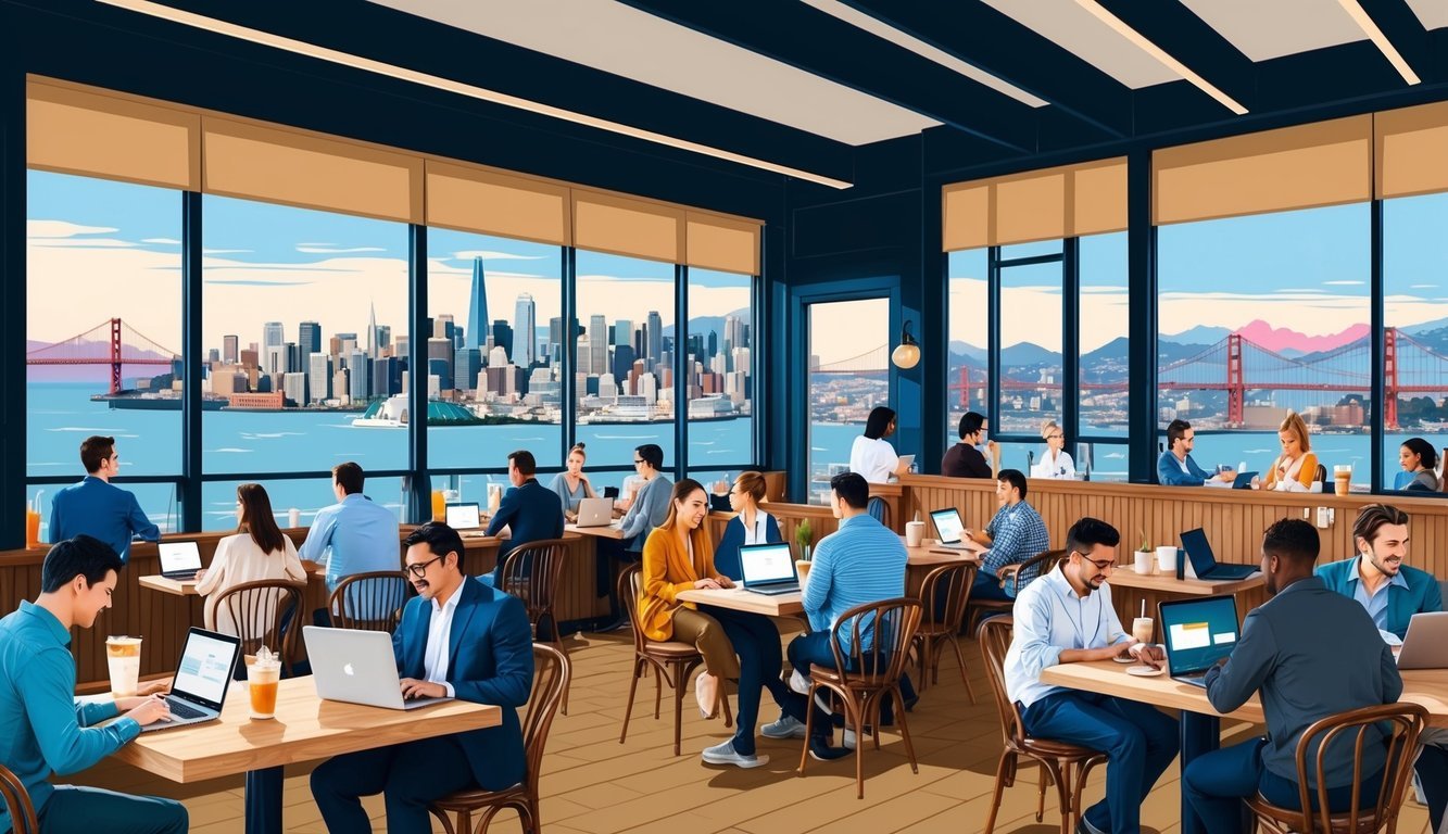 A bustling coffee shop with panoramic views of San Francisco's skyline, filled with people working on laptops and sipping artisanal drinks