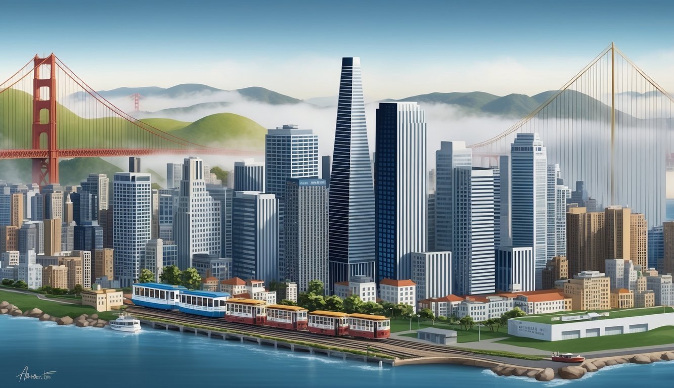 A bustling cityscape with modern skyscrapers, cable cars, and the iconic Golden Gate Bridge, set against a backdrop of fog and rolling hills