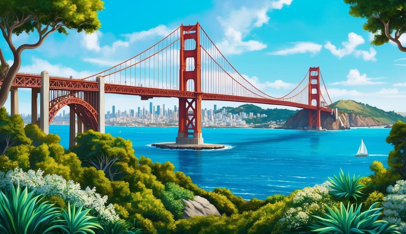 A scenic view of the Golden Gate Bridge with the city of San Francisco in the background, surrounded by lush greenery and the blue waters of the bay