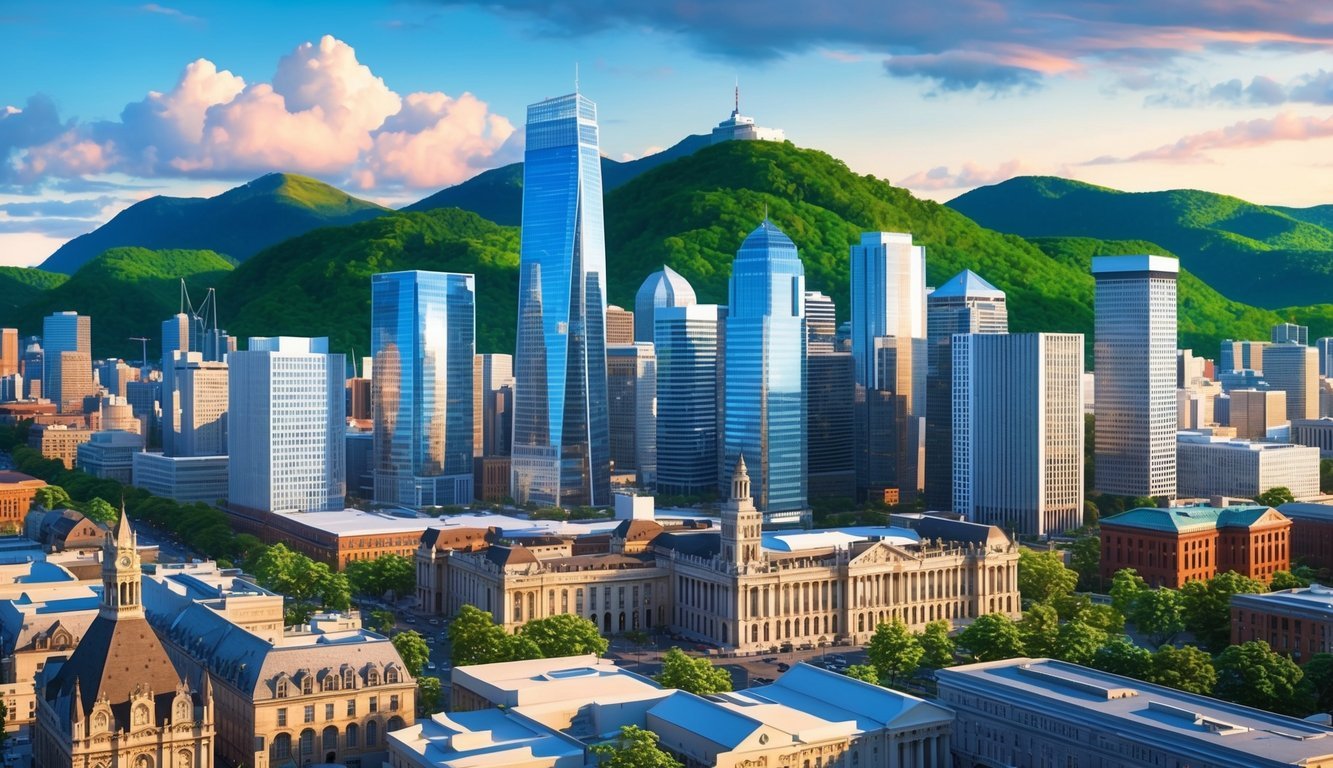 A bustling cityscape with modern skyscrapers, historic architecture, and lush green mountains in the background