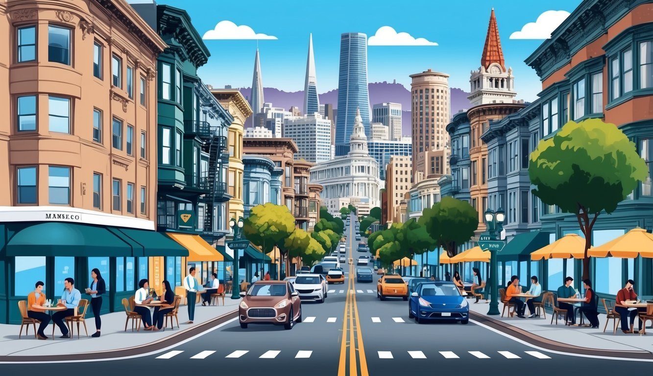 A bustling San Francisco street with tech workers in cafes and co-working spaces, surrounded by iconic landmarks and the city's unique architecture