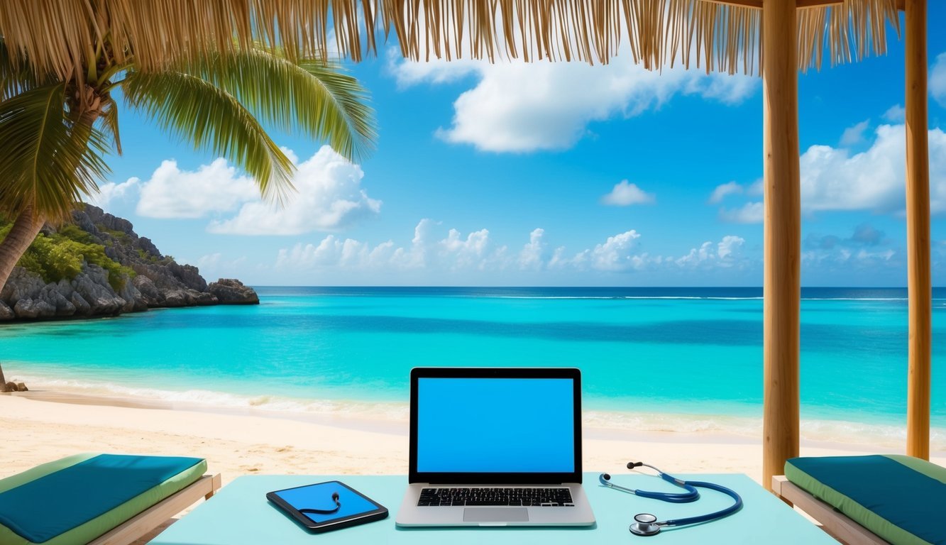 A serene beach with a laptop and stethoscope under a shady palapa, overlooking the turquoise waters of Cancún, Mexico