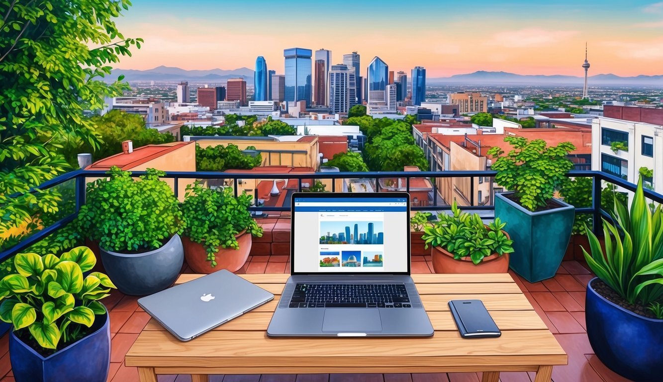 A cozy rooftop terrace with a laptop, surrounded by lush greenery, overlooking the city skyline of Monterrey, Mexico