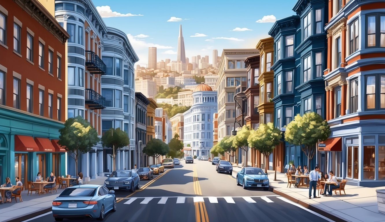 A bustling San Francisco street with a mix of modern and historic architecture, including cafes and co-working spaces