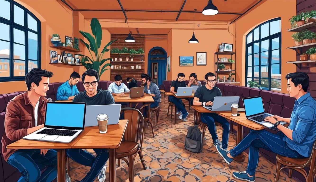 A cozy cafe in Monterrey, Mexico, filled with laptops and bustling with digital nomads working and sipping on local coffee
