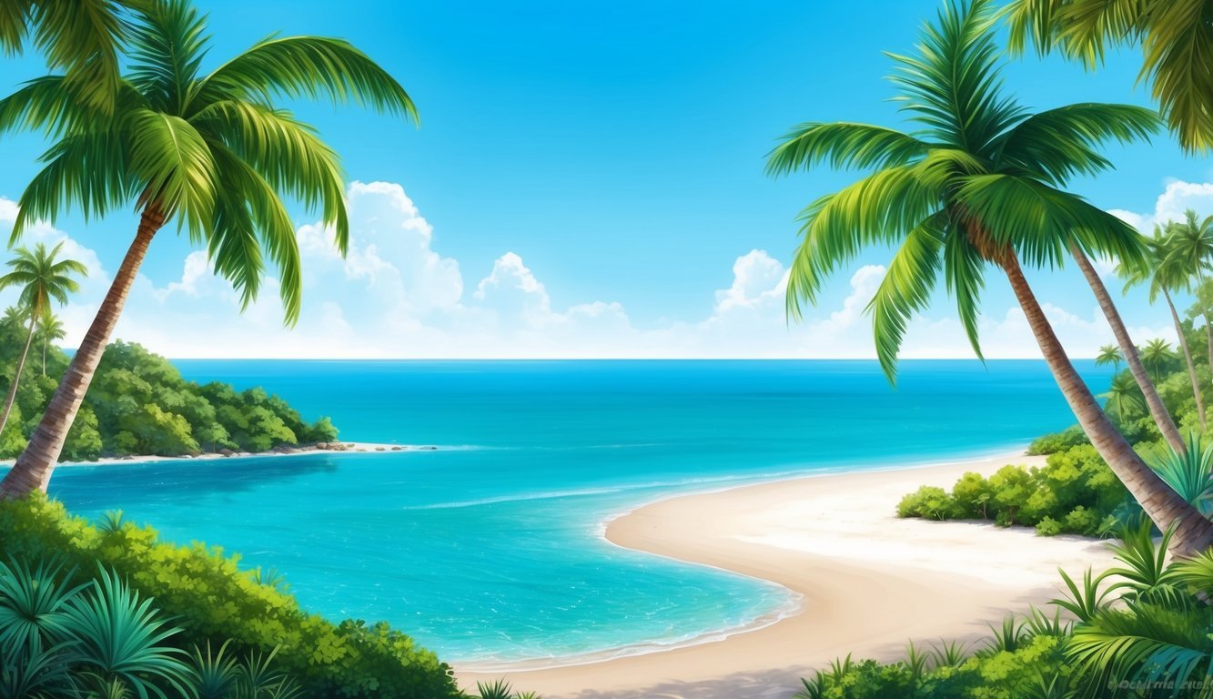 A serene beach with turquoise waters and white sandy shores, surrounded by lush greenery and palm trees, with a clear blue sky overhead