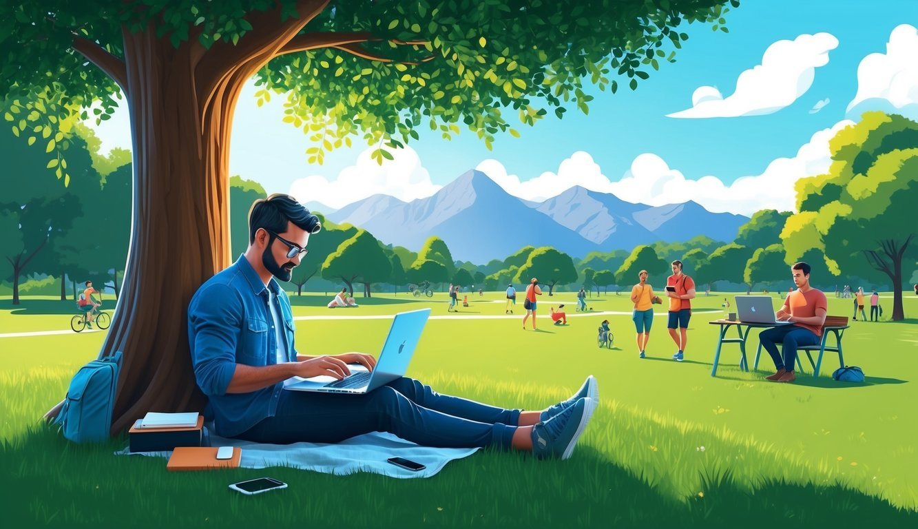 A digital nomad works on a laptop under a shaded tree in a lush park, with mountains in the distance and people engaging in outdoor activities nearby