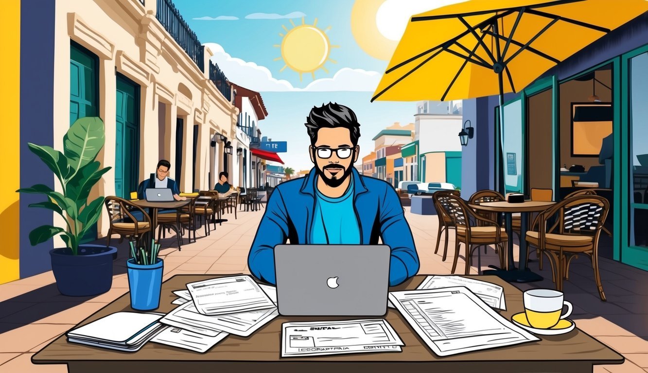 A digital nomad sits in a sunny Monterrey cafe, surrounded by paperwork and a laptop, as they navigate the city's visa and legal requirements