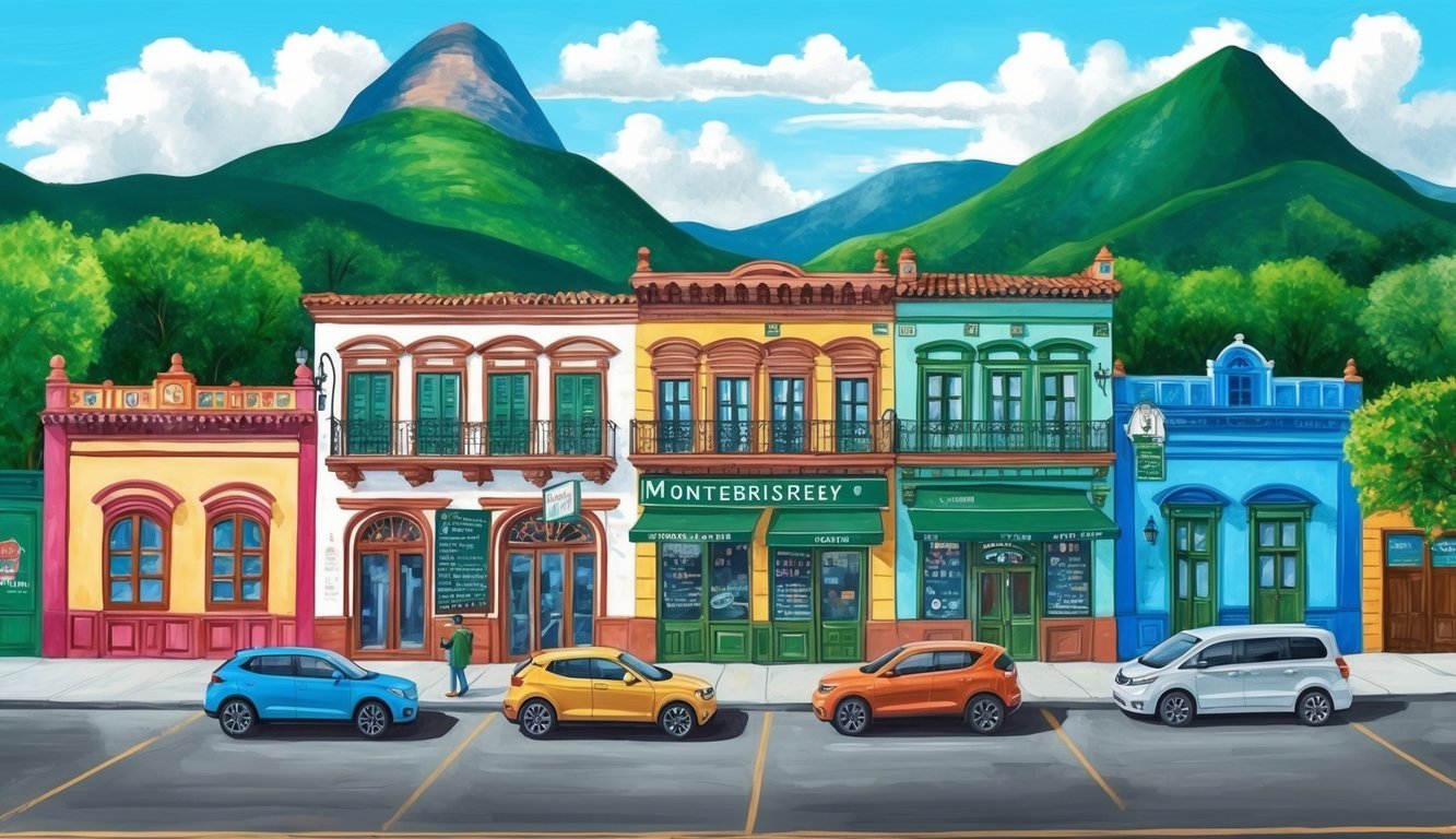 A cozy cafe in Monterrey, Mexico with laptops and coffee, surrounded by lush green mountains and colorful colonial architecture