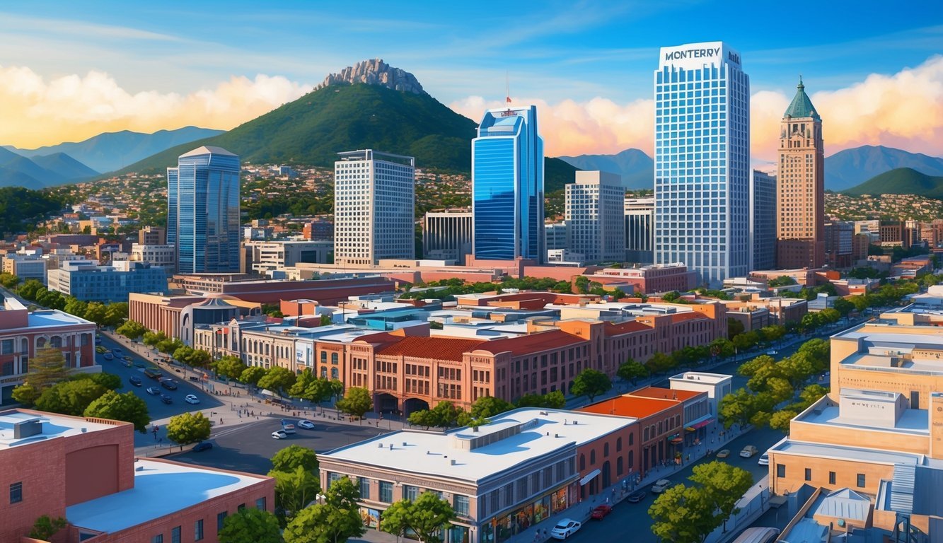 The bustling city of Monterrey, Mexico, with modern skyscrapers and vibrant street life, surrounded by mountains and the iconic Cerro de la Silla