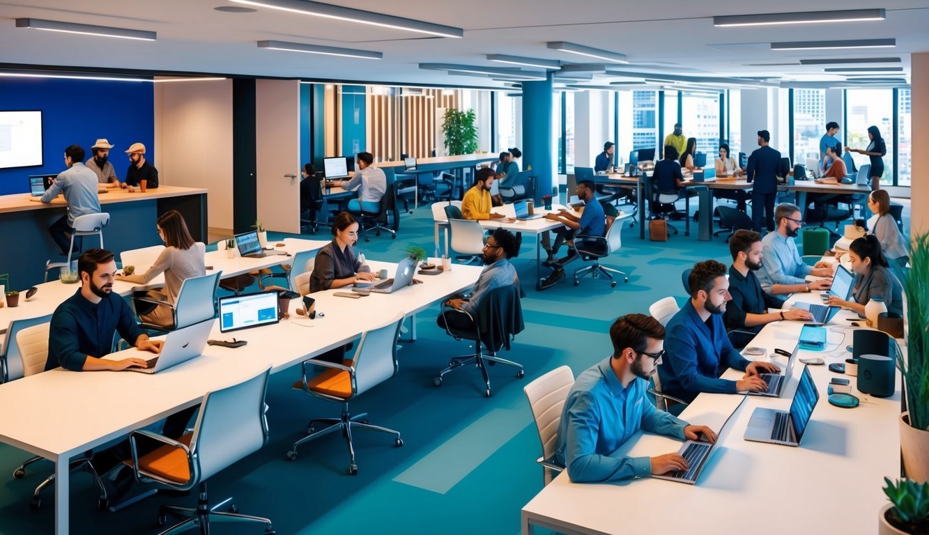 A bustling Austin co-working space with modern decor, high-tech amenities, and a diverse group of digital nomads working at sleek desks and communal tables